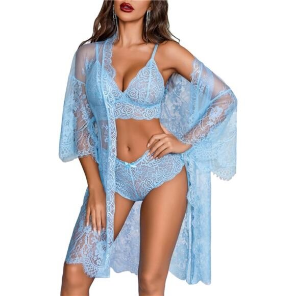 Women Sexy Lingerie Set 3 Piece Bra and Panty Sets with Lace Kimono